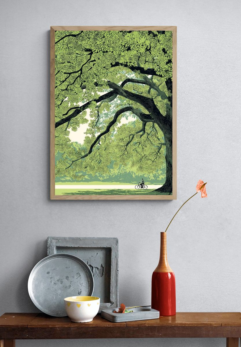 Bicyclist Under a Canopy — Illustration Print. — room view 3