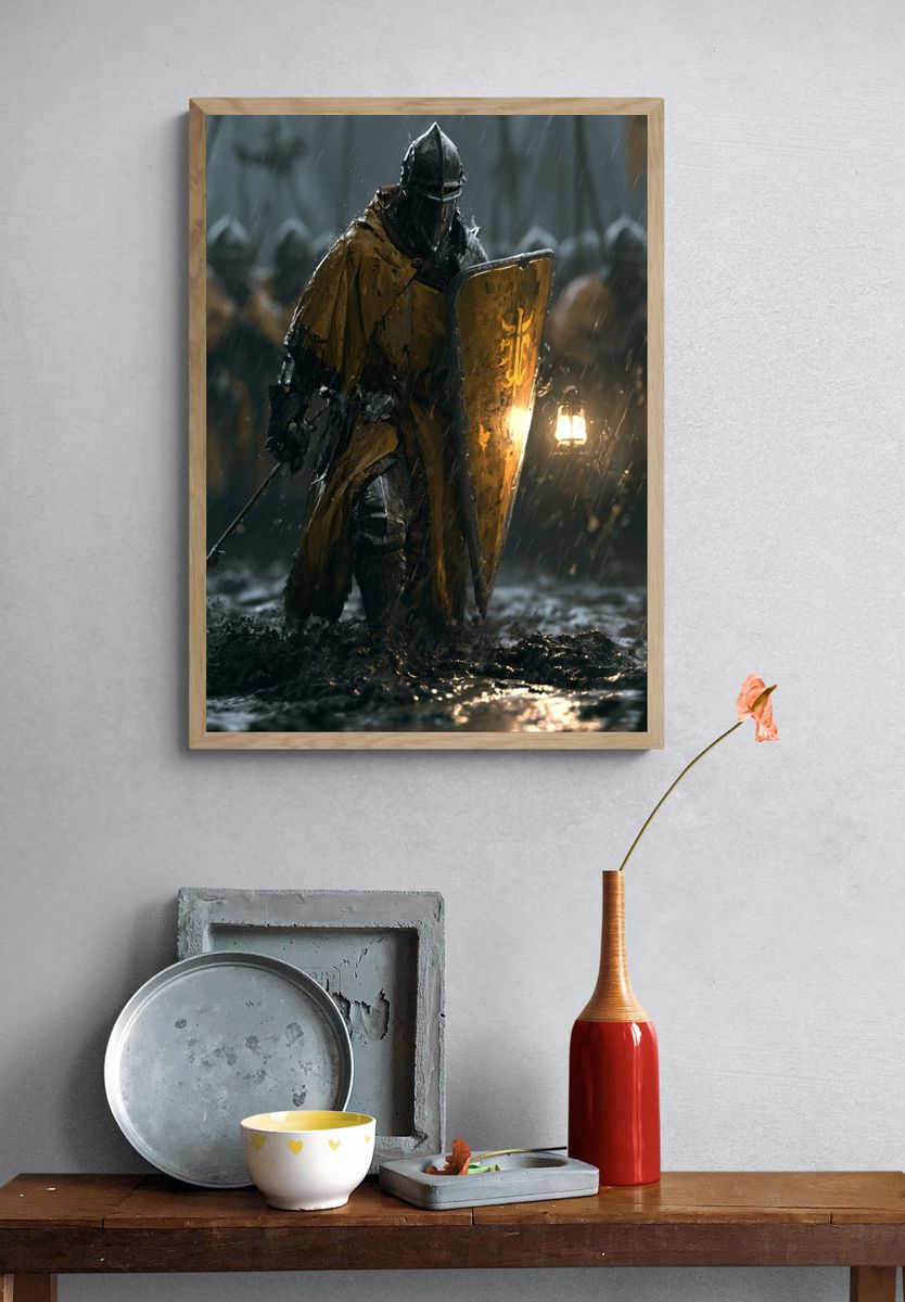 Rainy Knight Fantasy Illustration Poster. — room view 3