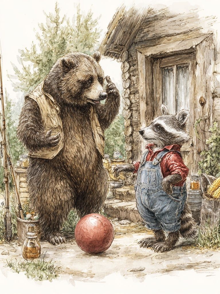 Bear and Raccoon Cabin Watercolor Print. poster — illustration art