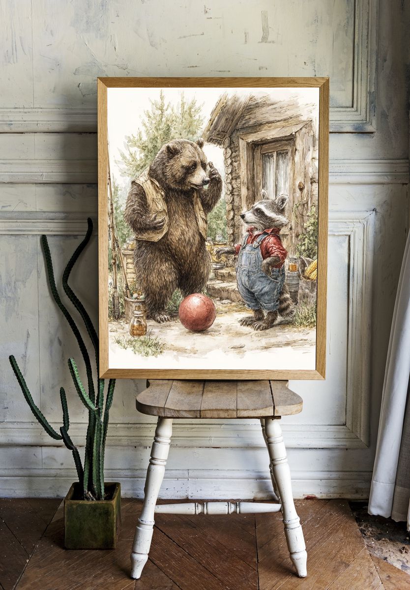 Bear and Raccoon Cabin Watercolor Print room preview