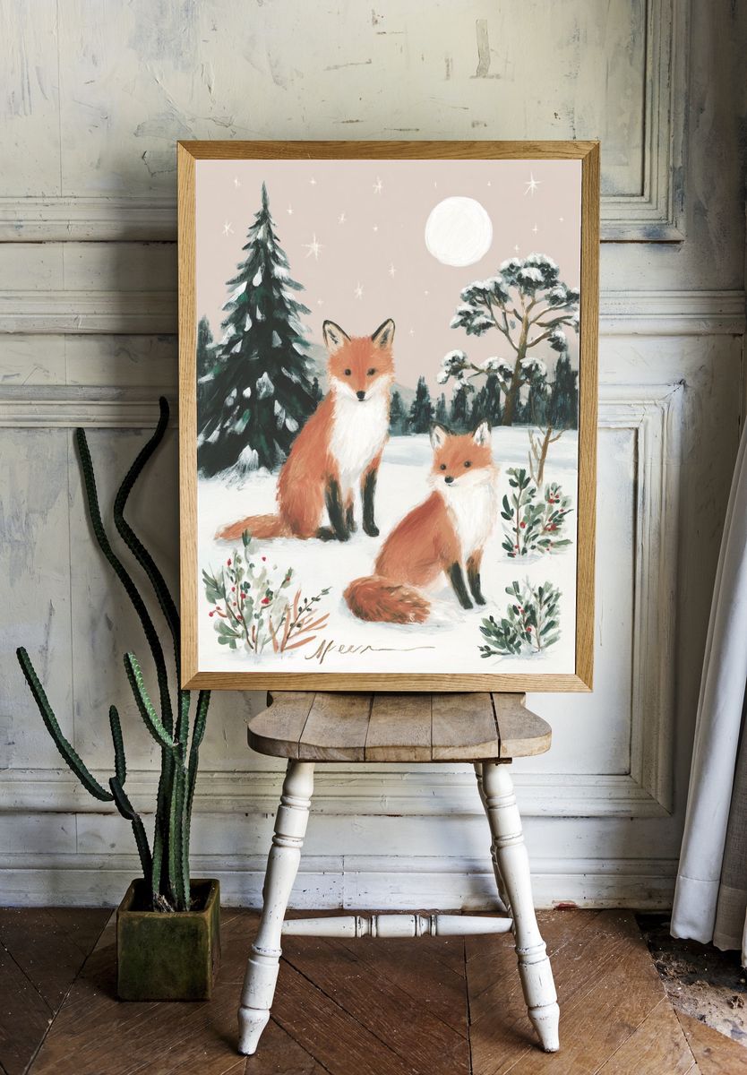 Winter Foxes Illustration Poster. — room view 1