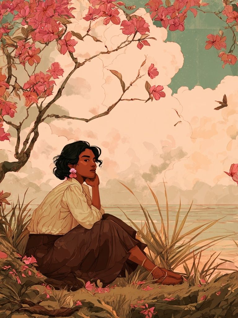 Contemplative Woman by the Water — Illustration Print. poster — illustration art