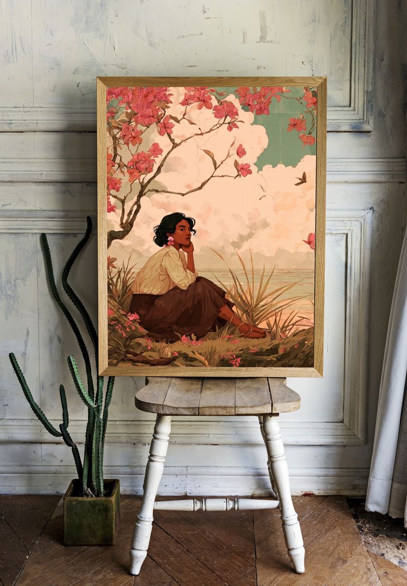 Contemplative Woman by the Water — Illustration Print room preview