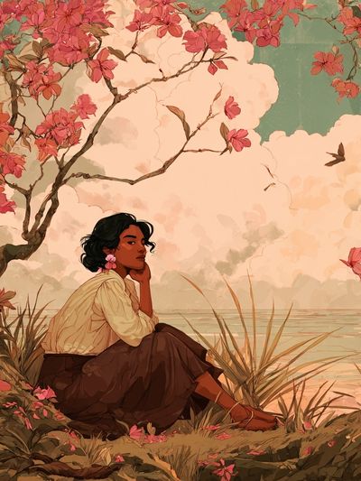 Contemplative Woman by the Water — Illustration Print. poster