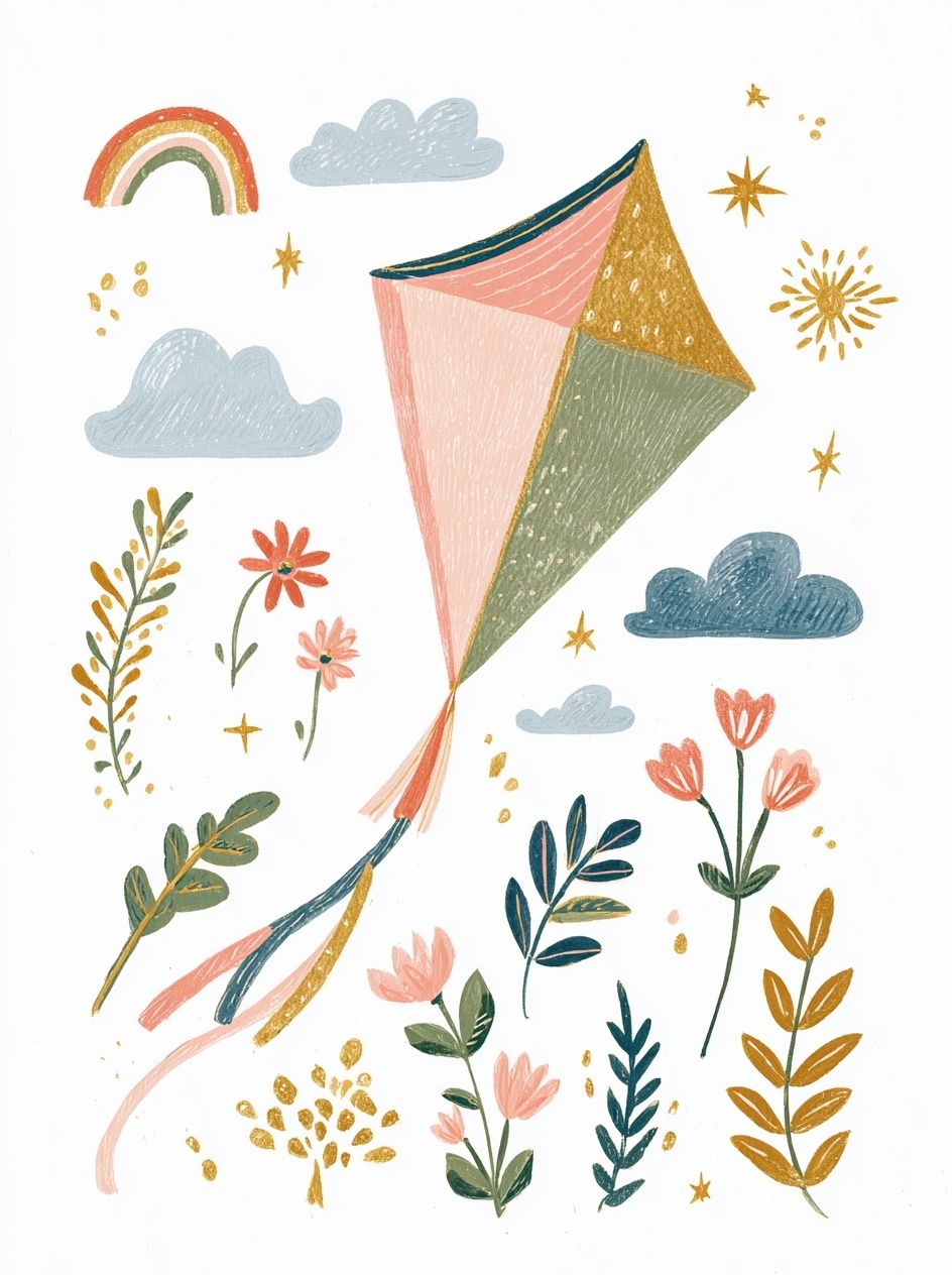 Boho Kite and Florals Illustration Poster. poster — illustration art
