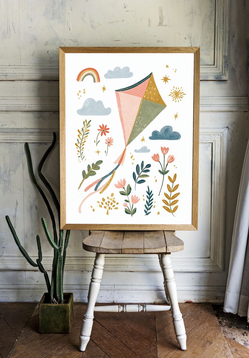 Boho Kite and Florals Illustration Poster room preview