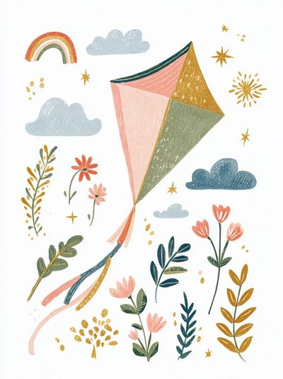 Boho Kite and Florals Illustration Poster. poster