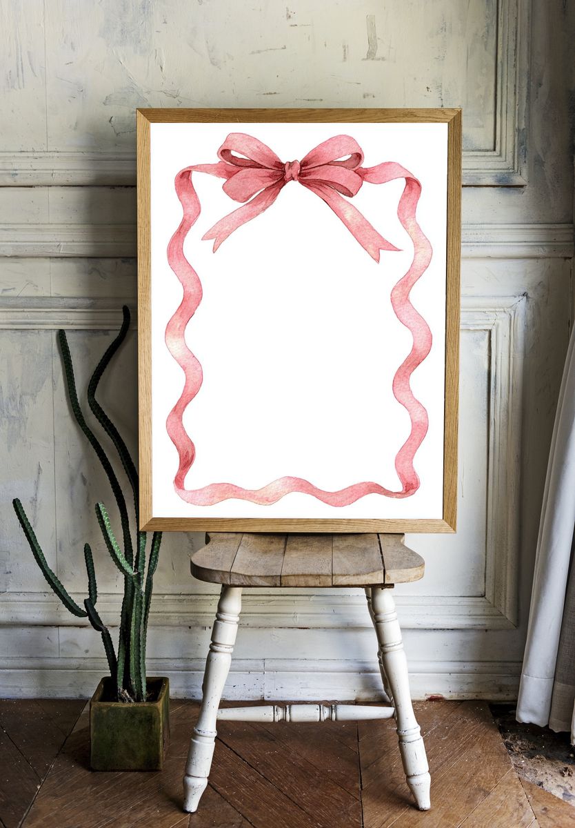 Pink Ribbon Frame Watercolor Print. room preview