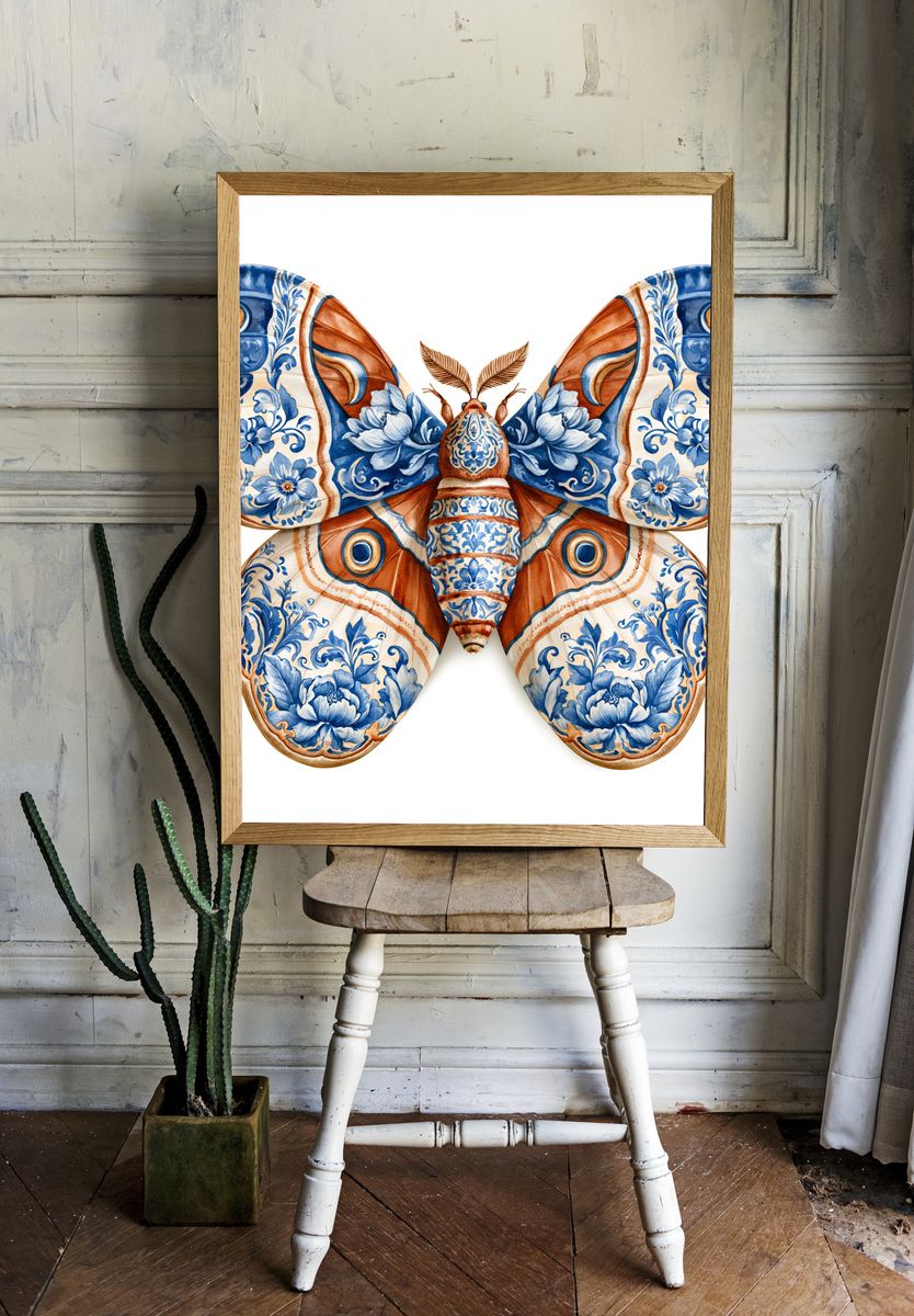 Blue Floral Moth Illustration Poster. — room view 1