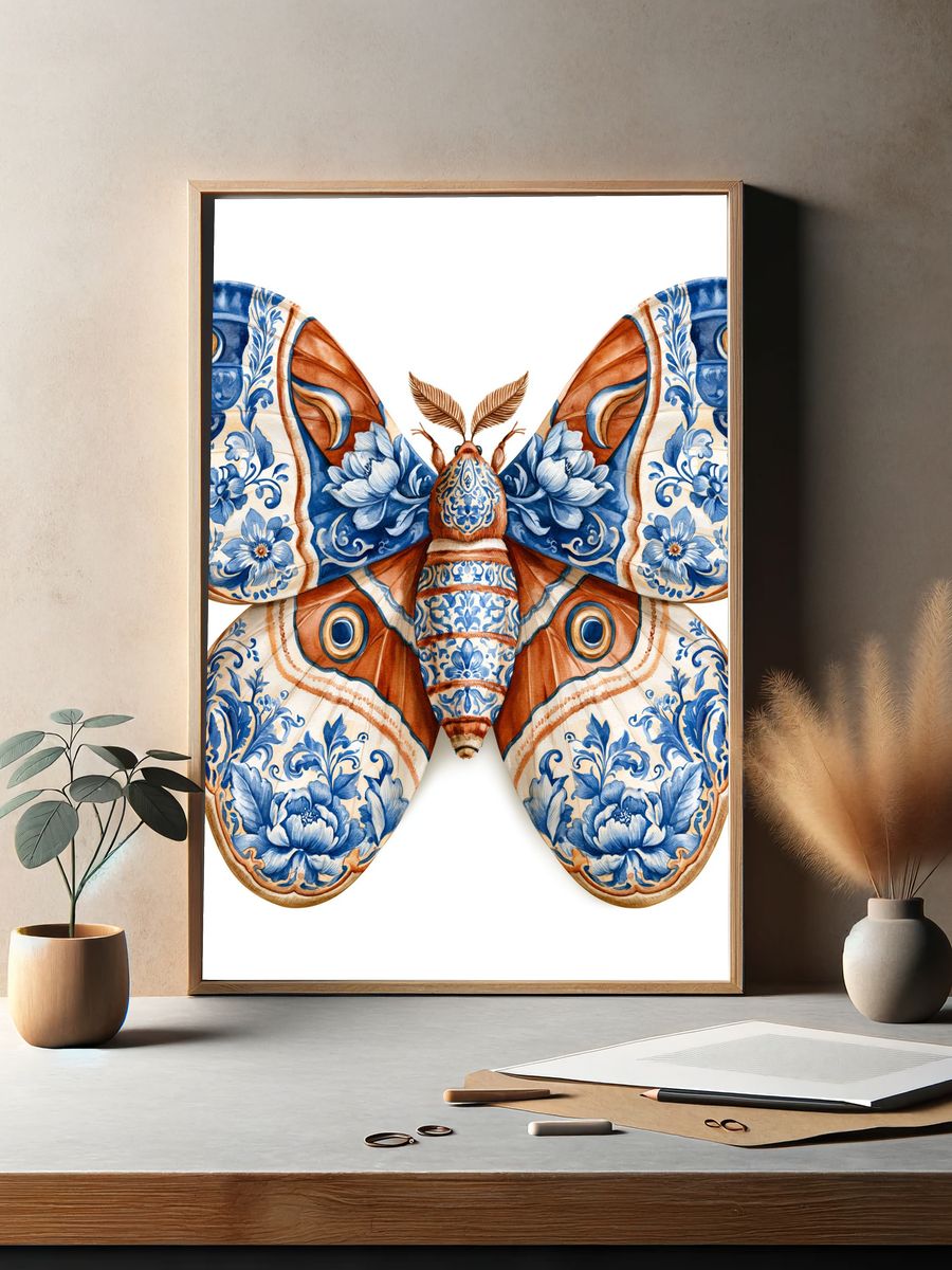 Blue Floral Moth Illustration Poster. — room view 2