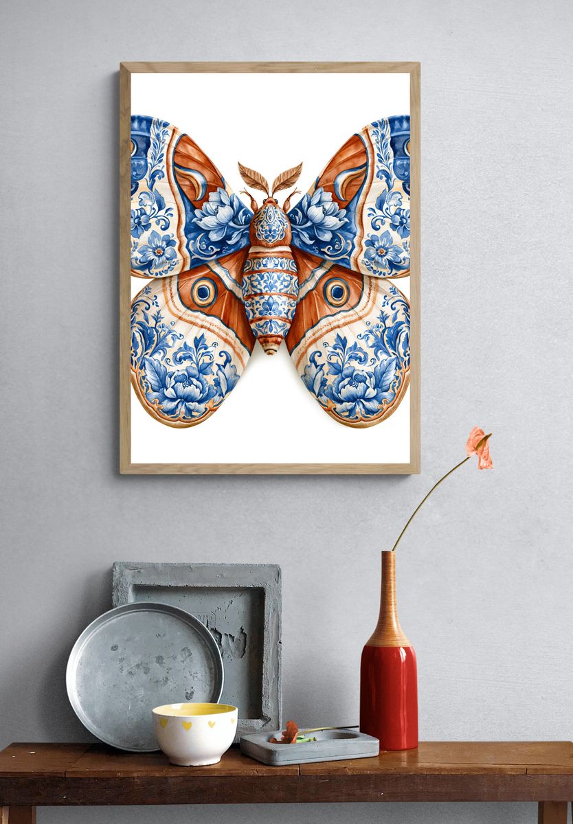 Blue Floral Moth Illustration Poster. — room view 3