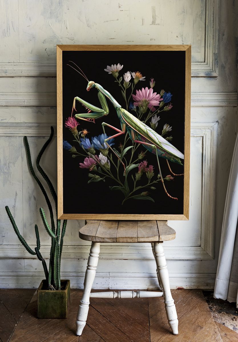 Praying Mantis and Flowers — Illustration Print room preview