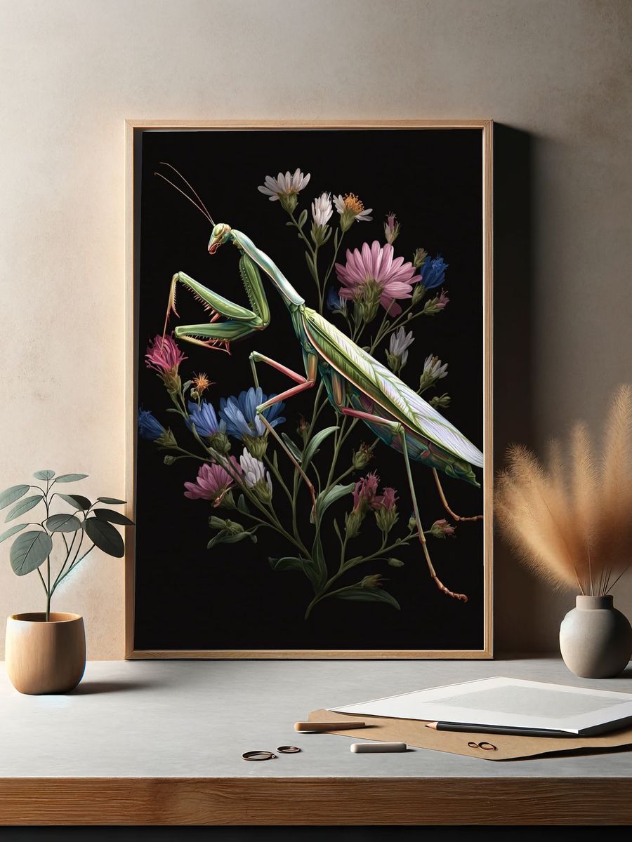 Praying Mantis and Flowers — Illustration Print. — room view 2