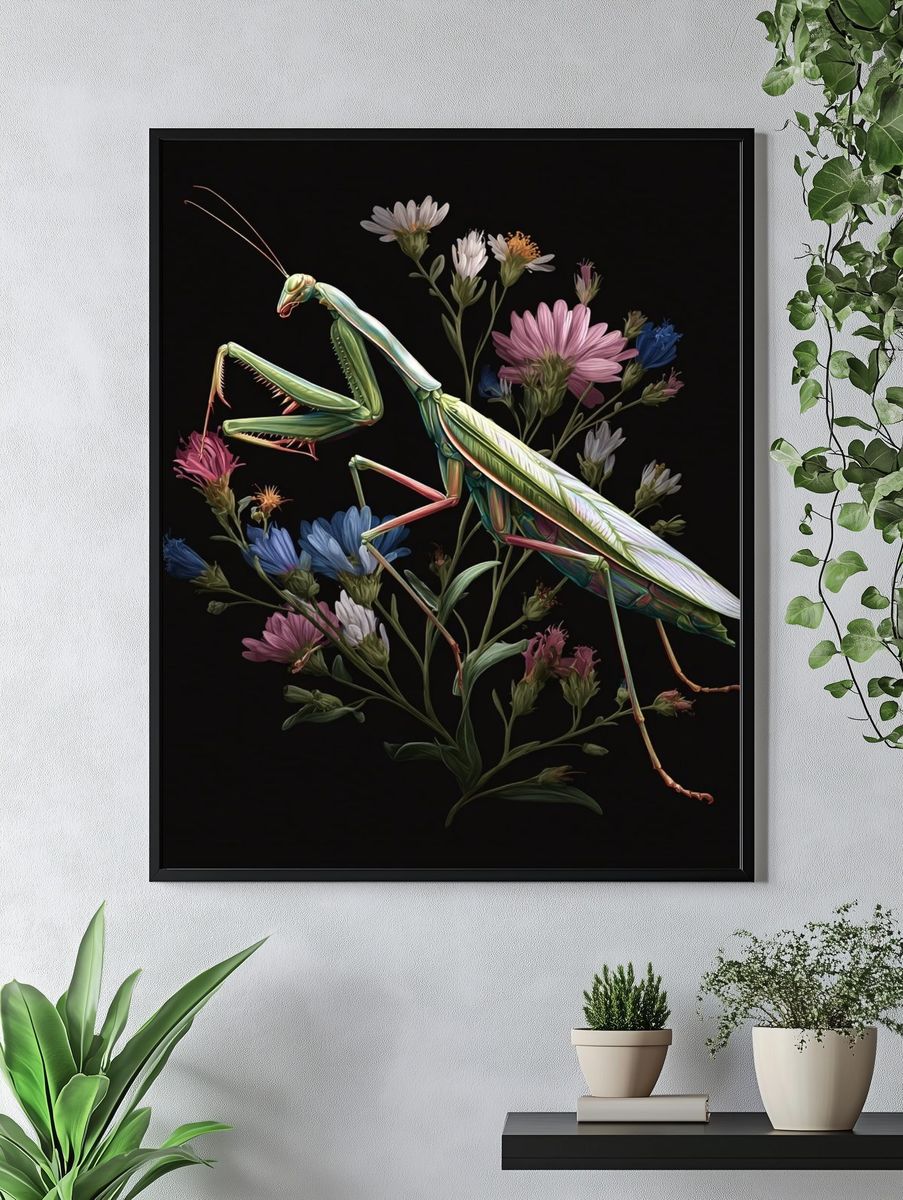 Praying Mantis and Flowers — Illustration Print. — room view 4