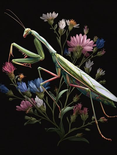 Praying Mantis and Flowers — Illustration Print. poster