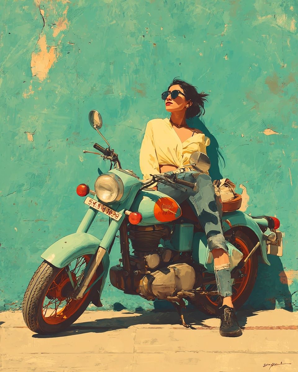 Vintage Motorcycle Girl — Illustration Print. poster detail