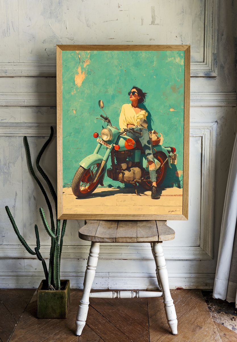 Vintage Motorcycle Girl — Illustration Print room preview