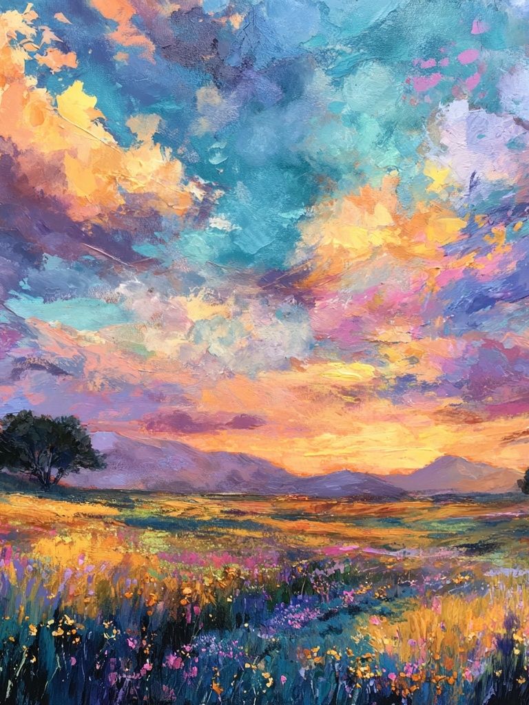 Sunset Meadow Impressionist Poster. poster detail