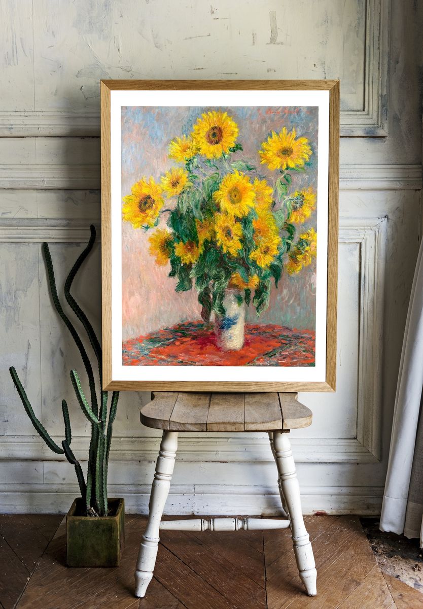 Claude Monet sunflower poster. famous. room preview