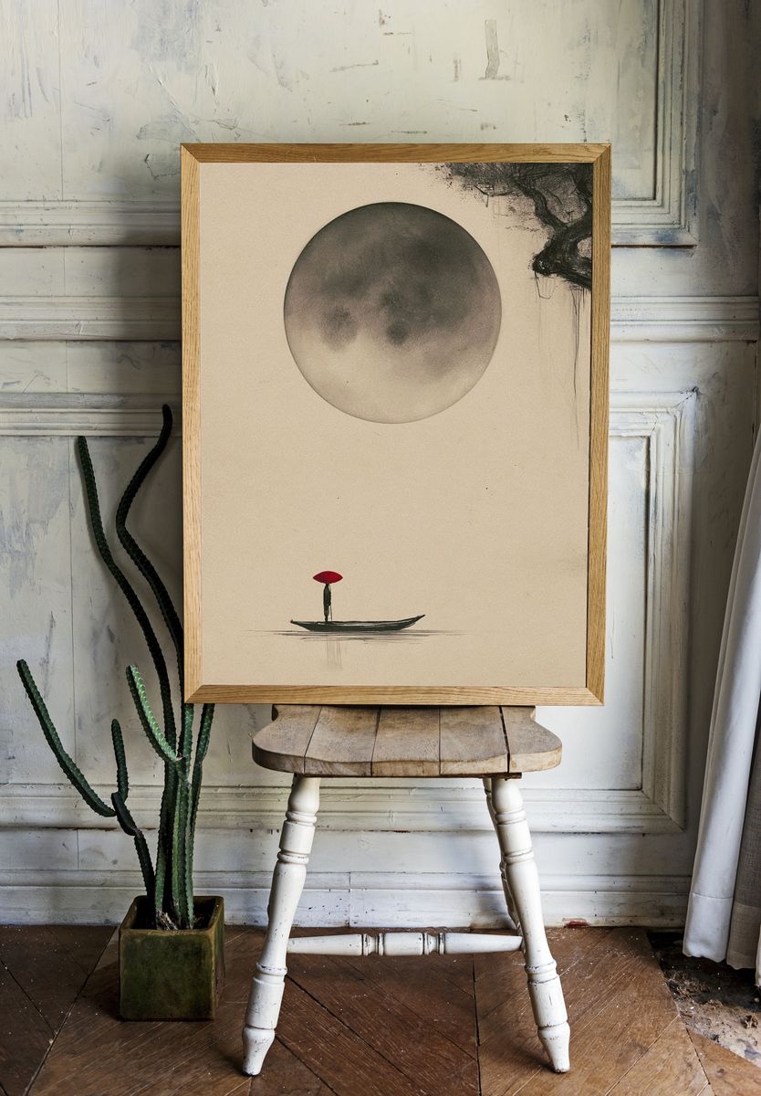 Moonlit Boat Ink Poster. — room view 1