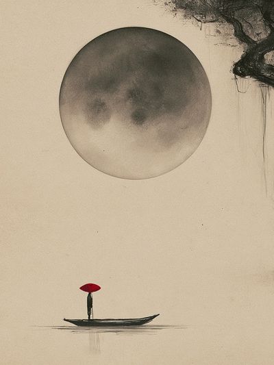 Moonlit Boat Ink Poster. poster