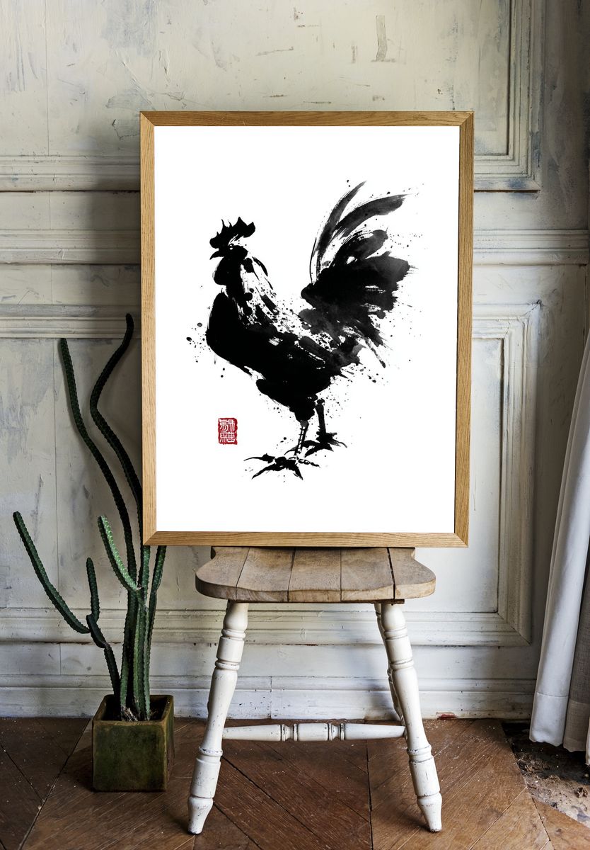 Elegant Rooster Ink Art Poster. room preview