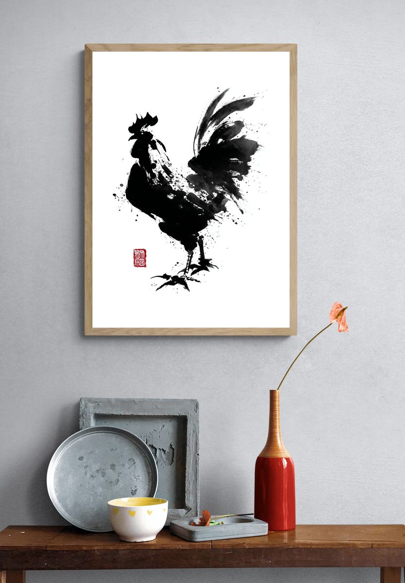 Elegant Rooster Ink Art Poster. — room view 3