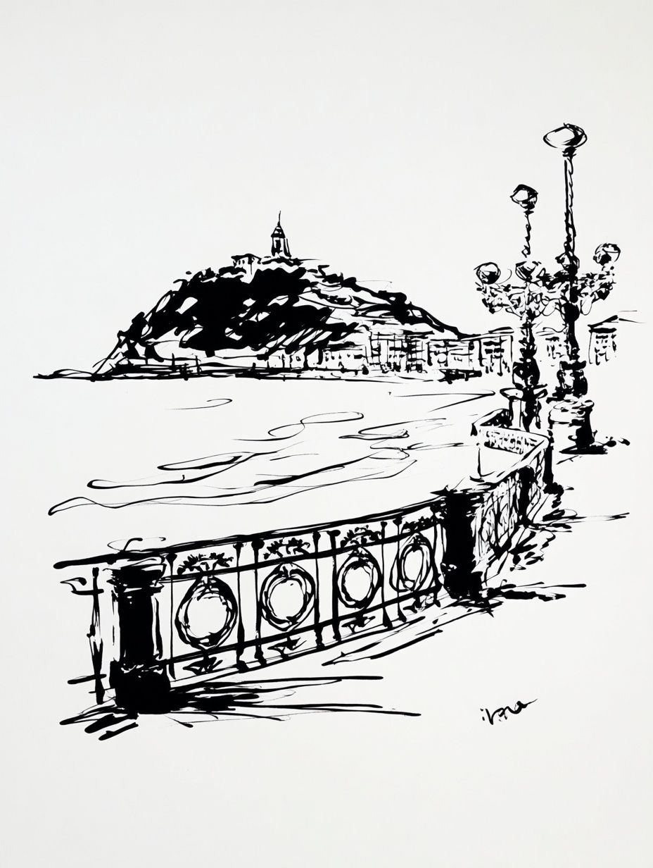 Seaside Promenade Ink Sketch Poster. poster — illustration art