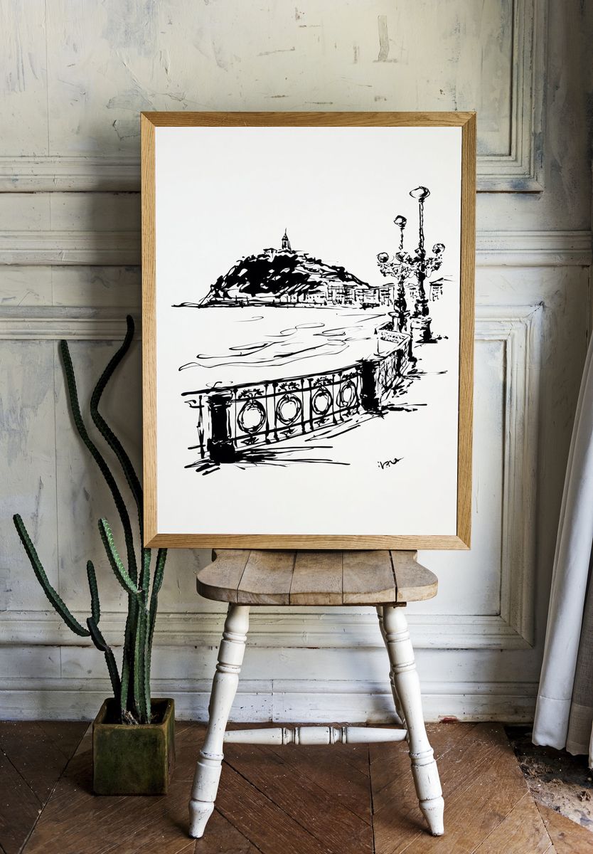 Seaside Promenade Ink Sketch Poster room preview