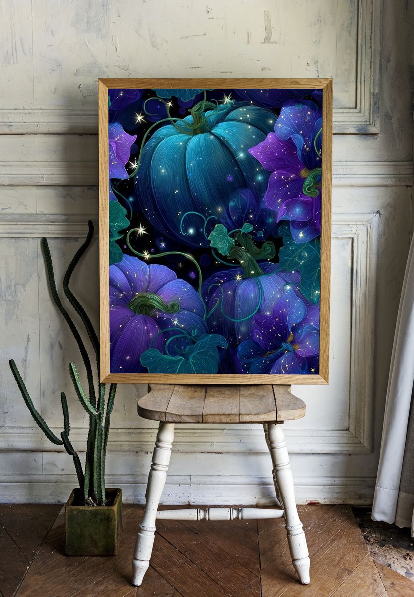 Mystical Pumpkins and Flowers — Illustration Print. room preview