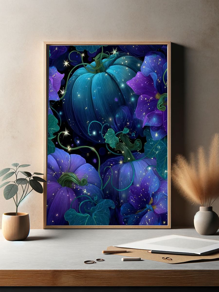 Mystical Pumpkins and Flowers — Illustration Print. — room view 2