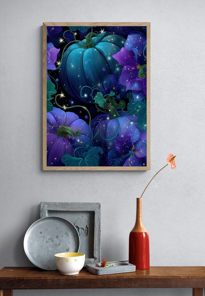 Mystical Pumpkins and Flowers — Illustration Print. — room view 3