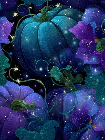 Mystical Pumpkins and Flowers — Illustration Print. poster print