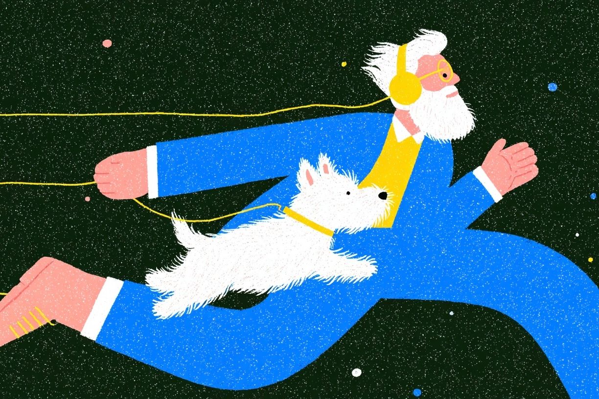 Elderly Man Running with Dog — Illustration Print. poster detail