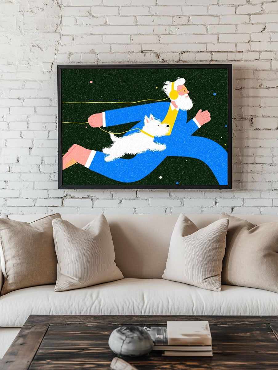 Elderly Man Running with Dog — Illustration Print. — room view 1