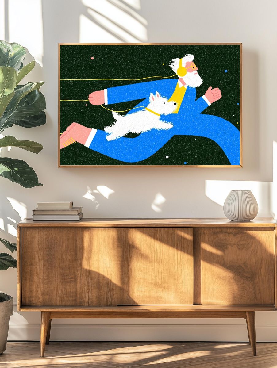 Elderly Man Running with Dog — Illustration Print. — room view 3
