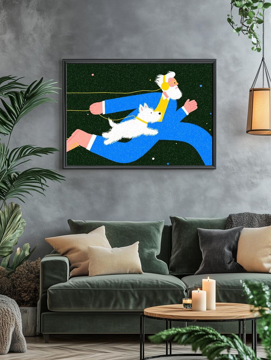 Elderly Man Running with Dog — Illustration Print. — room view 4