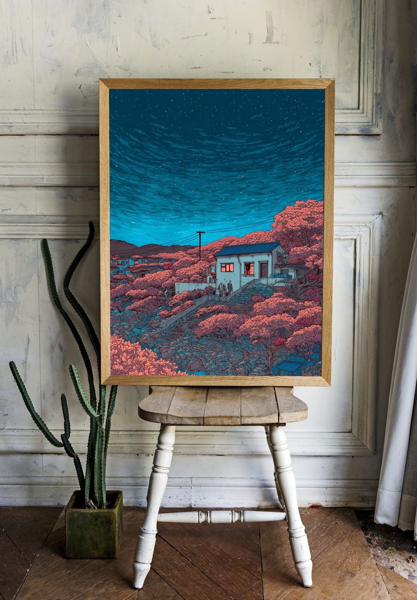 Starry Night Over a House — Illustration Print. — room view 1