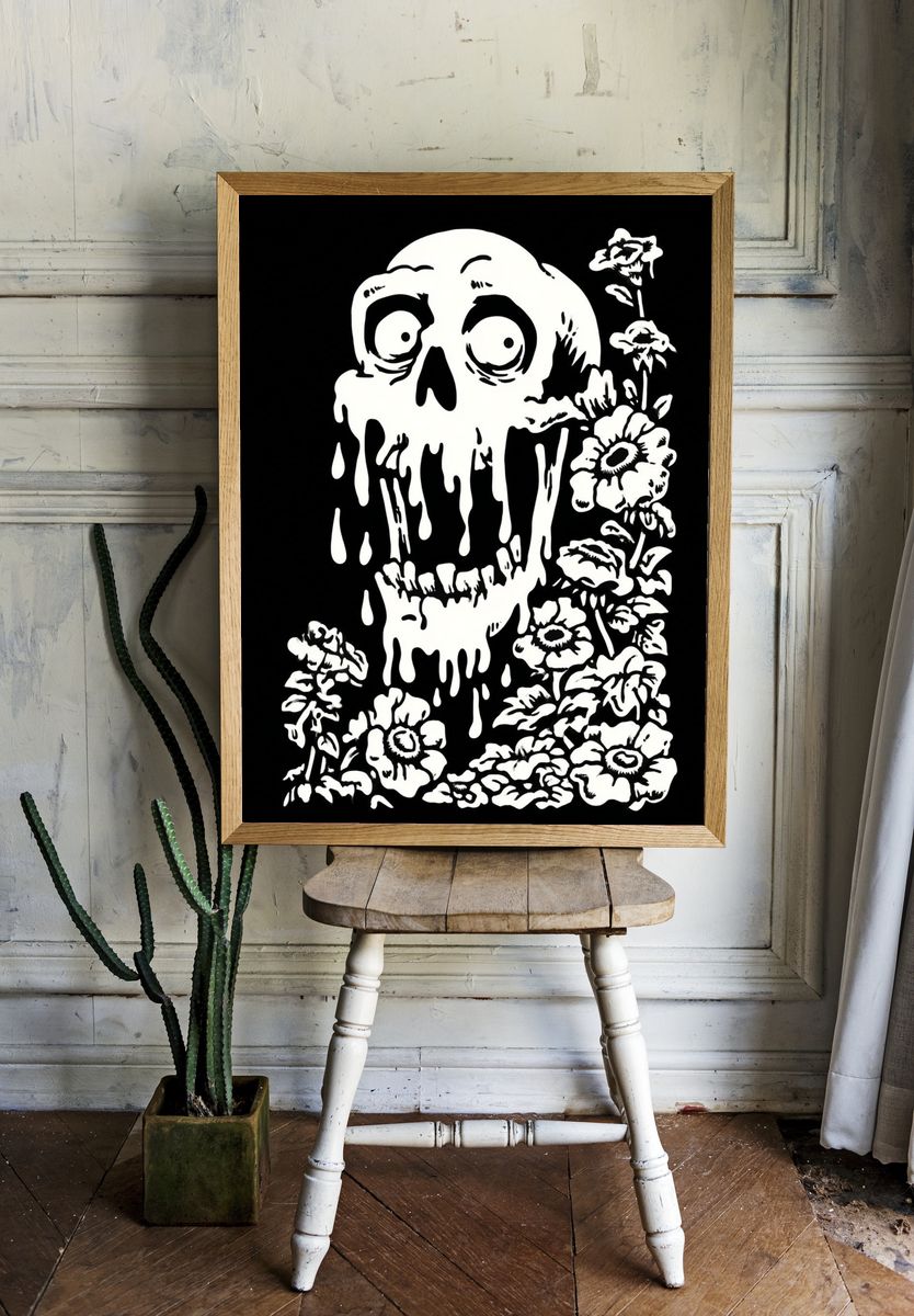 Dripping Skull with Flowers — Illustration Print. — room view 1