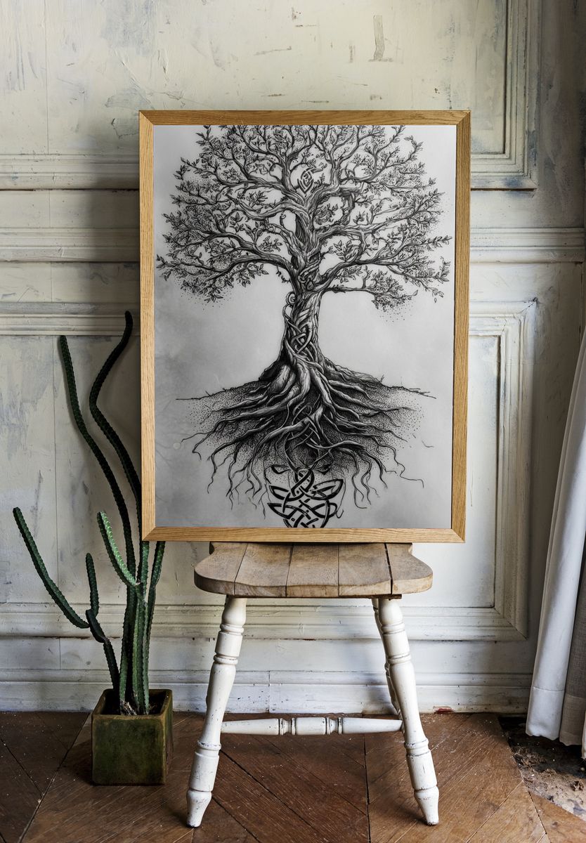 Intricate Tree Roots — Illustration Print. room preview