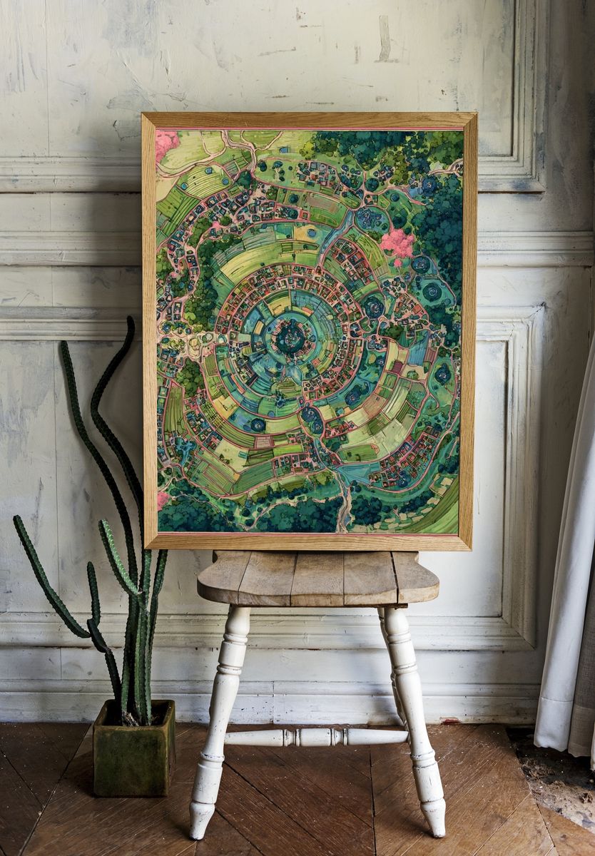 Circular Village Landscape — Illustration Print. — room view 1