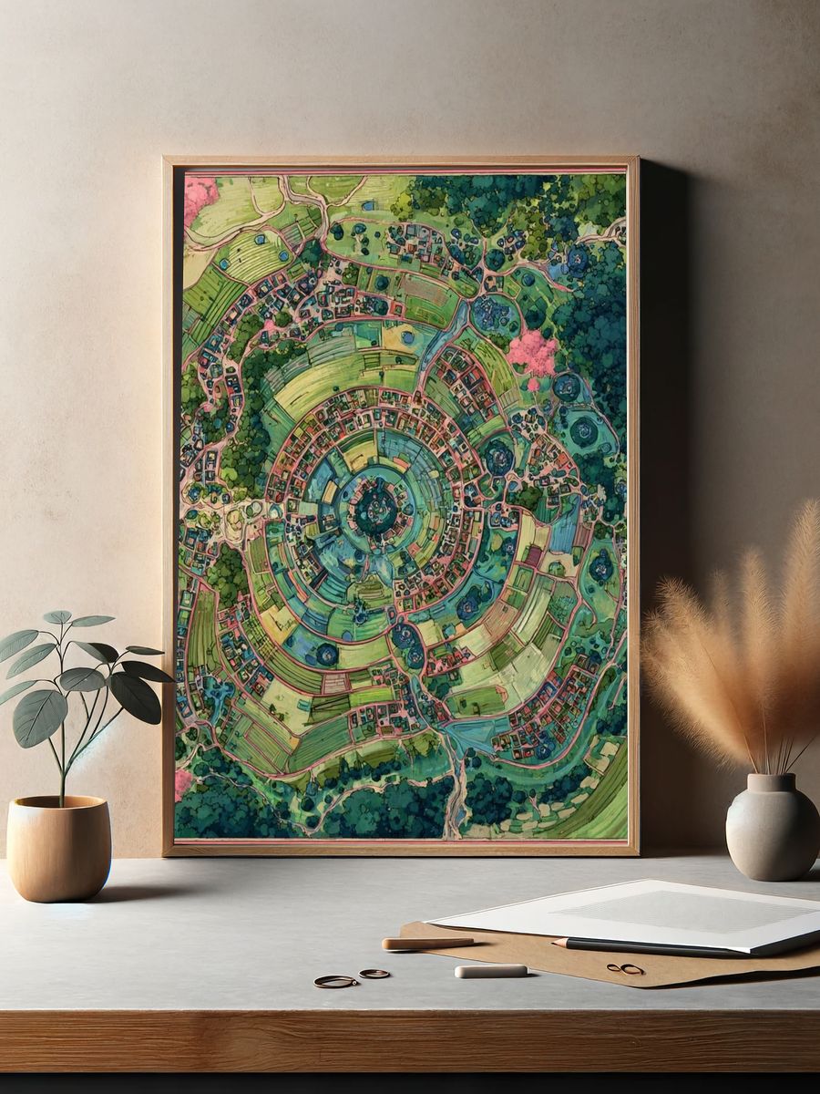 Circular Village Landscape — Illustration Print. — room view 2