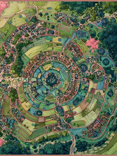Circular Village Landscape — Illustration Print. poster print