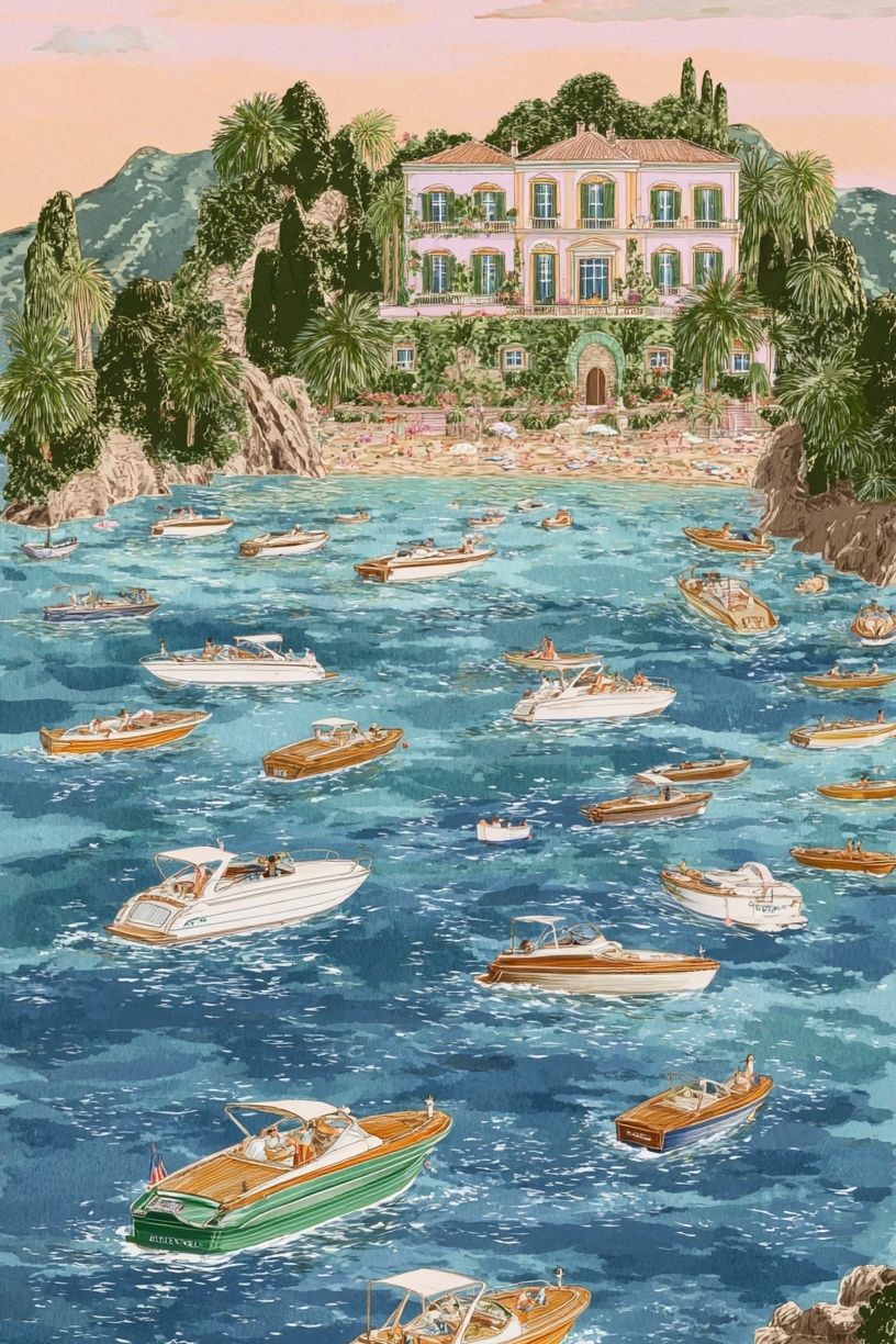Coastal Villa with Boats — Illustration Print. poster — illustration art
