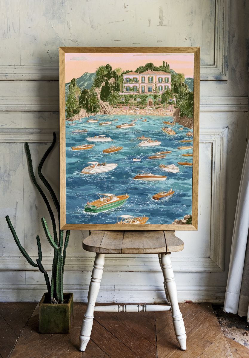 Coastal Villa with Boats — Illustration Print. — room view 1
