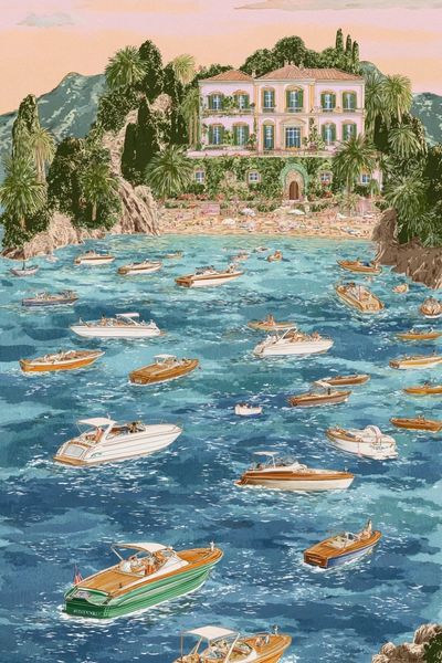 Coastal Villa with Boats — Illustration Print. poster