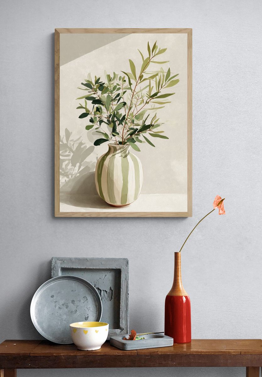 Greenery in Striped Vase — Illustration Print. — room view 3