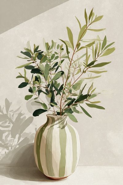 Greenery in Striped Vase — Illustration Print. poster