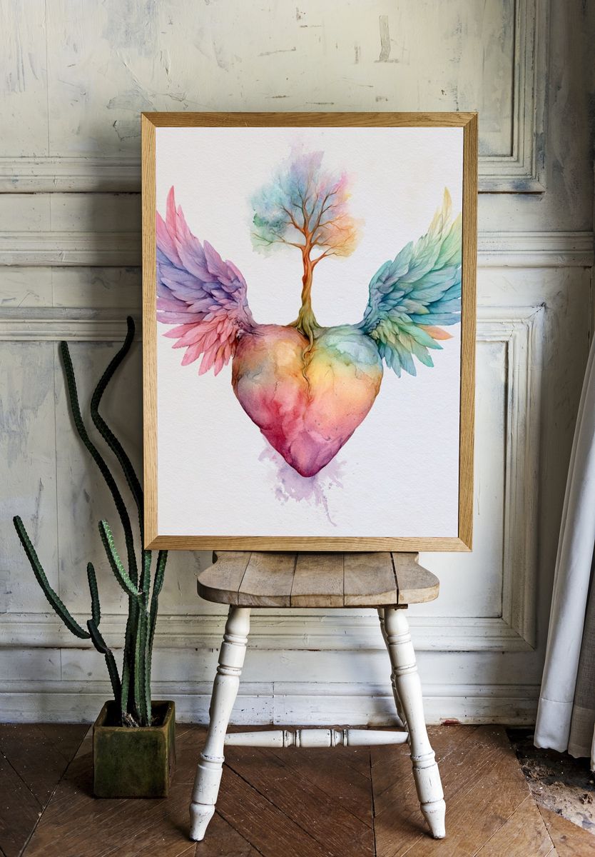 Winged Heart Watercolor Print. room preview