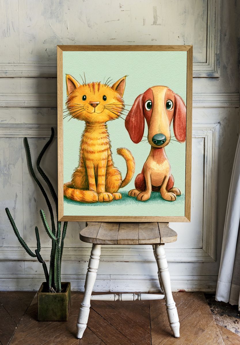 Cat and Dog Watercolor Poster. — room view 1